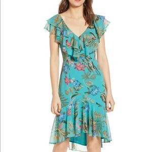 WAYF Chelsea Ruffle High Low Dress Green Ruffles Floral Tropical Size M Romantic